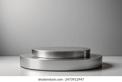 Empty round stainless steel podium stacked, on gray background, for handyman tools presentation - Powered by Shutterstock