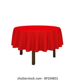 Empty Round Table And Red Cloth. Isolated On A White Background