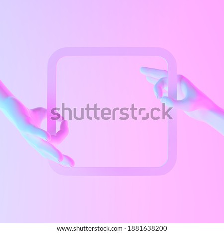 Empty rounded corner square picture frame held by two hands. Place for your text. 3D illustration in neon colors.
