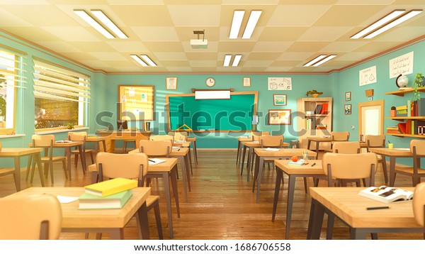 Empty school classroom in cartoon style.\
Education concept without students. 3d rendering interior\
illustration. Back to school design template. Classroom in\
quarantine on coronavirus\
COVID-19.