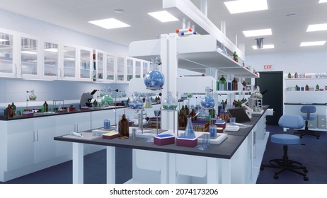 Empty scientific research lab room interior with various modern laboratory equipment on workplace tables and shelves. With no people medical and science concept 3D illustration from my 3D rendering.