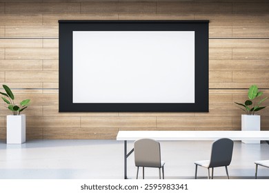 Empty screen mockup in modern classroom interior, minimalistic style, wooden background, concept of education. 3D Rendering