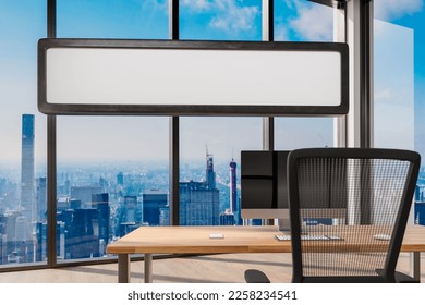 empty search bar copy space floating in large modern office with desk and workspace facing panoramic skyline view; 3D Illustration