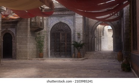 Empty shaded courtyard in a medieval Arabian city street with patches of sunlight. 3D illustration.