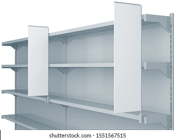 Empty shelves with shelf-stopper in supermarket. 3D rendering