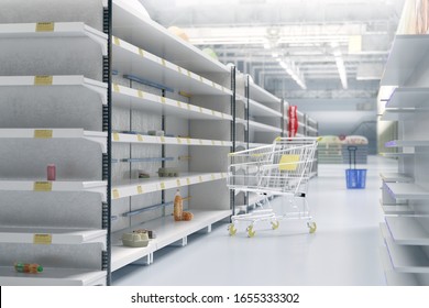 Empty Shelves In Supermarket Store Due To China Novel Coronavirus Covid-19 (2019-nCoV) Outbreak Panic. Face Masks Are Sold Out. China, Italy, Iran, USA Pathogen Virus Pandemic Spread 3D Illustration