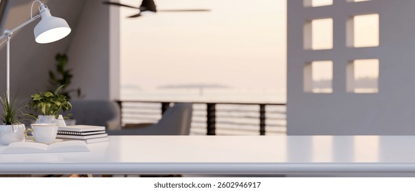 The empty shiny white table with the blurred background of a wide terrace with scenery view. Working or study corner. 3D rendering, 3d illustration.