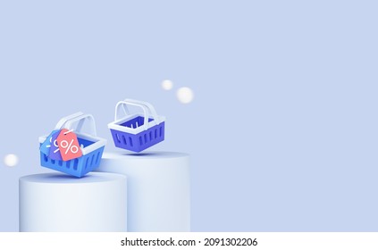 Empty Shopping Basket With Discount Coupon. Sale On Goods. Mockup For Promotion. Banner Template With Empty Copy Space. 3D Rendering. Blue