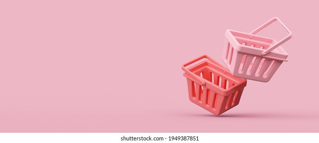 Empty Shopping Baskets On Pink Background. 3d Rendering Illustration. 