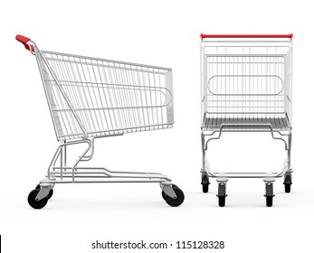 Empty shopping carts, side view and front view, isolated on white background.