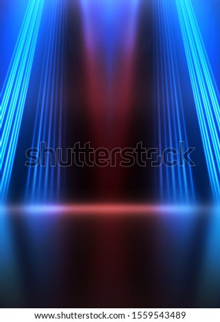 Empty show scene background. Reflection of a dark street on wet asphalt. Rays of red and blue neon light in the dark, neon shapes, smoke. Abstract dark background.