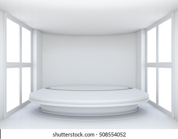 Empty showroom with circle table for exhibit. White background. 3D rendering