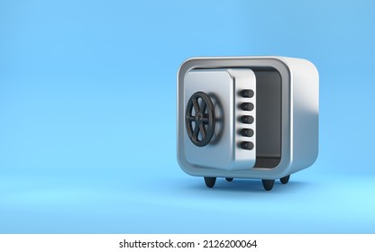 Empty Silver Safe Box On Blue Background. Money Protection Concept. 3D Rendering.