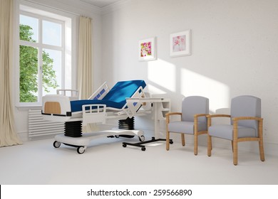 Empty single hospital room with bed in a clinic (3D Rendering)