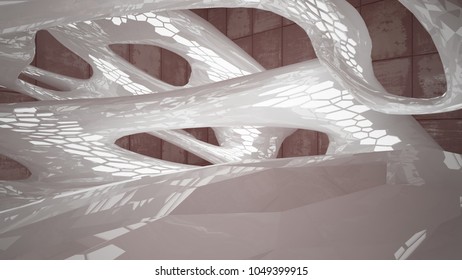 Empty smooth abstract room interior of sheets rusted metal and brown concrete. Architectural background. Night view of the illuminated. 3D illustration and rendering