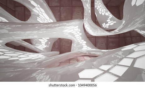Empty smooth abstract room interior of sheets rusted metal and brown concrete. Architectural background. Night view of the illuminated. 3D illustration and rendering