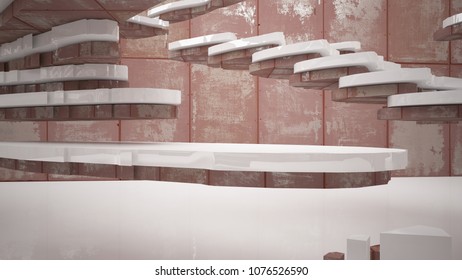 Empty smooth abstract room interior of sheets rusted metal with gray concrete. Architectural background. 3D illustration and rendering
