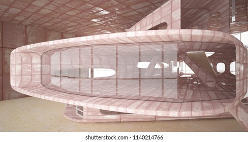 Empty smooth abstract room interior of sheets rusted metal with concrete. Architectural background. 3D illustration and rendering