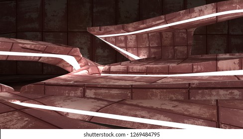 Empty smooth abstract room interior of sheets rusted metal. Architectural background. Night view of the illuminated. 3D illustration and rendering