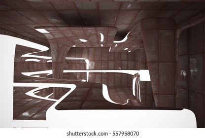 Empty smooth abstract room interior of sheets rusted metal. Architectural background. Night view of the illuminated. 3D illustration and rendering