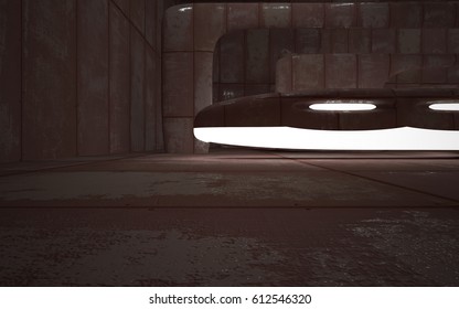 Empty smooth abstract room interior of sheets rusted metal. Architectural background. Night view of the illuminated. 3D illustration and rendering