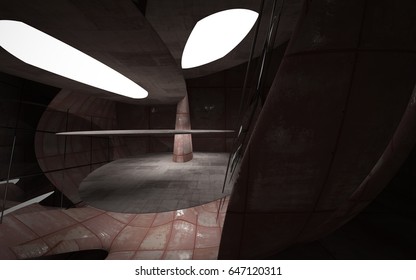 Empty smooth abstract room interior of sheets rusted metal and brown concrete. Architectural background. Night view of the illuminated. 3D illustration and rendering