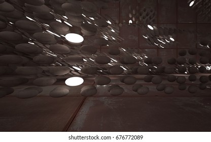 Empty smooth abstract room interior of sheets rusted metal and brown concrete. Architectural background. Night view of the illuminated. 3D illustration and rendering