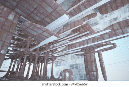 Empty smooth abstract room interior of sheets rusted metal with gray concrete. Architectural background. 3D illustration and rendering