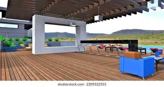 An Empty Space On A Terrace Board Site Next To A Cozy Patio And A Comfortable Seating Area With Furniture And A Bar With Chairs Near The Pool On The Territory Of A Club Country Hotel. 3d Rendering.