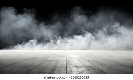 Empty space, a paved floor of light gray, square tiles, stretches horizontally across the image, extending to the vanishing point.  A thick layer of dense, light gray white fog, smoke 