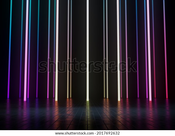 Empty Space for product show\
with colorful of LED light with dark background. 3D\
rendering.