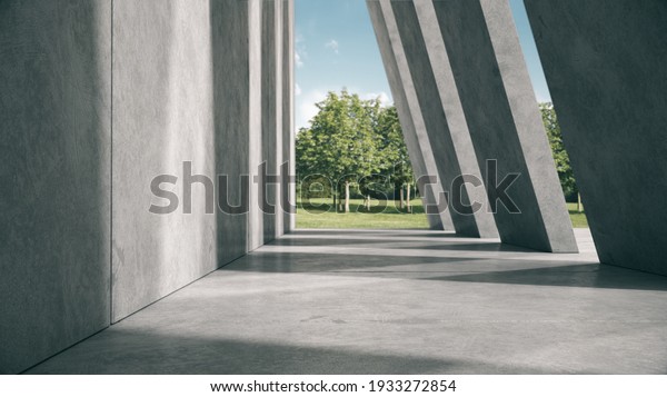 Empty space for products show in concrete
hallway with park background.3D
rendering.
