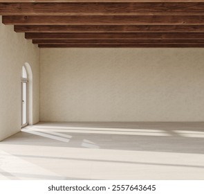 Empty space for residential interior with large windows, wooden ceiling and tiles on the floor. Japanese minimalism with warm tones of the walls