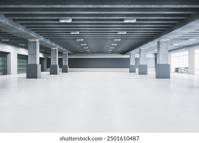 An empty spacious interior with large columns and windows. Modern design with clean lines. Ideal for commercial or event space. 3D Rendering