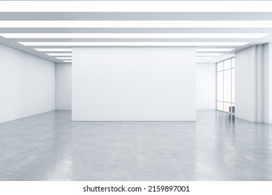 Empty Spacious Light Exhibition Or Gallery Hall With Front View On Blank White Wall, Glossy Concrete Floor, White Ceiling And Windows. 3D Rendering, Mockup