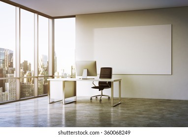 Empty Spacious Office In A Skyscraper, French Window To The Left, New York View, White Board On The White Wall. Table With A Computer In The Corner, Black Leather Armchair In Front. Concept Of Work.
