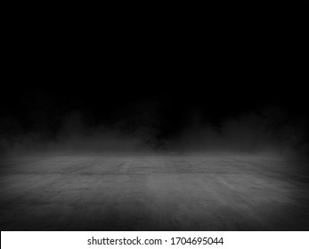 Empty Spot Lit Concrete Floor With Fog, Dark Background