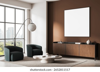 Empty square canvas template on brown wall in stylish modern interior with clean furniture layout, large window and city background. 3D Rendering