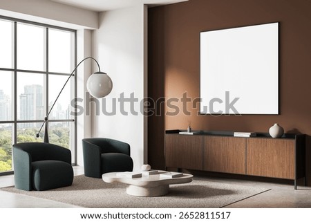 Empty square canvas template on brown wall in stylish modern interior with clean furniture layout, large window and city background. 3D Rendering