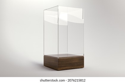 An Empty Square Glass Display Case With A Wooden Base On An Isolated White Studio Background - 3D Render