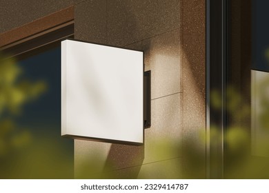 Empty square light sign box mounted on beige concrete wall in the street, side view. Signage for company, store or advertisement. Mockup blank copy space display. 3D rendering