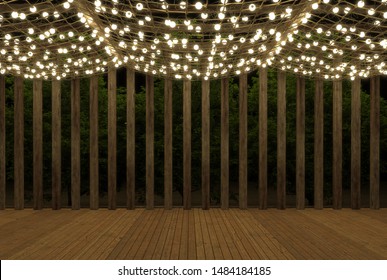  Empty Stage Area With Decorations Of Luminous Garlands At Night Outdoors. Open Air. A Podium With A Venue For Parties And Receptions. 3D Rendering Illustration.