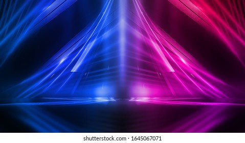 Empty Stage, Blue And Pink, Purple  Neon, Abstract Background. Rays Of Searchlights, Light, Abstract Tunnel, Corridor.