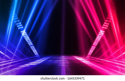 Empty Stage, Blue And Pink, Purple  Neon, Abstract Background. Rays Of Searchlights, Light, Abstract Tunnel, Corridor.