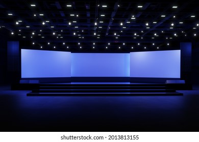 Empty stage Design  for mockup and Corporate identity,Display.Platform elements in hall.Blank screen system for Graphic Resources.Scene event led night light staging,3D render.