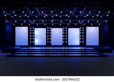 Empty Stage Design  For Mockup And Corporate Identity,Display.Platform Elements In Hall.Blank Screen System For Graphic Resources.Scene Event Led Night Light Staging,3D Render.