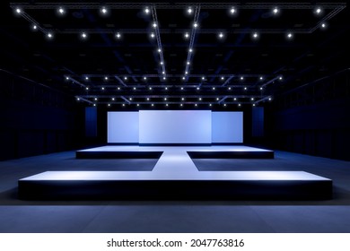 Empty Stage Design For Mockup And Corporate Identity,Display.Platform Elements In Hall.Blank Screen System For Graphic Resources.Scene Event Led Night Light Staging,3D Render.