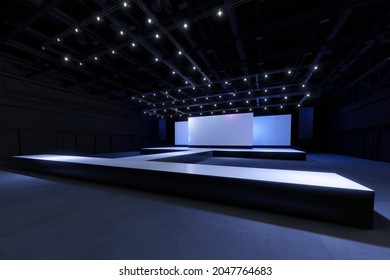 Empty Stage Design For Mockup And Corporate Identity,Display.Platform Elements In Hall.Blank Screen System For Graphic Resources.Scene Event Led Night Light Staging,3D Render.