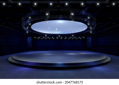 Empty Stage Design For Mockup And Corporate Identity,Display.Platform Elements In Hall.Blank Screen System For Graphic Resources.Scene Event Led Night Light Staging,3D Render.