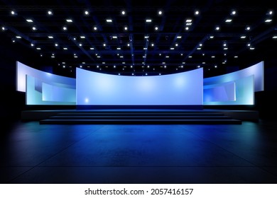 Empty Stage Design For Mockup And Corporate Identity,Display.Platform Elements In Hall.Blank Screen System For Graphic Resources.Scene Event Led Night Light Staging,3D Render.